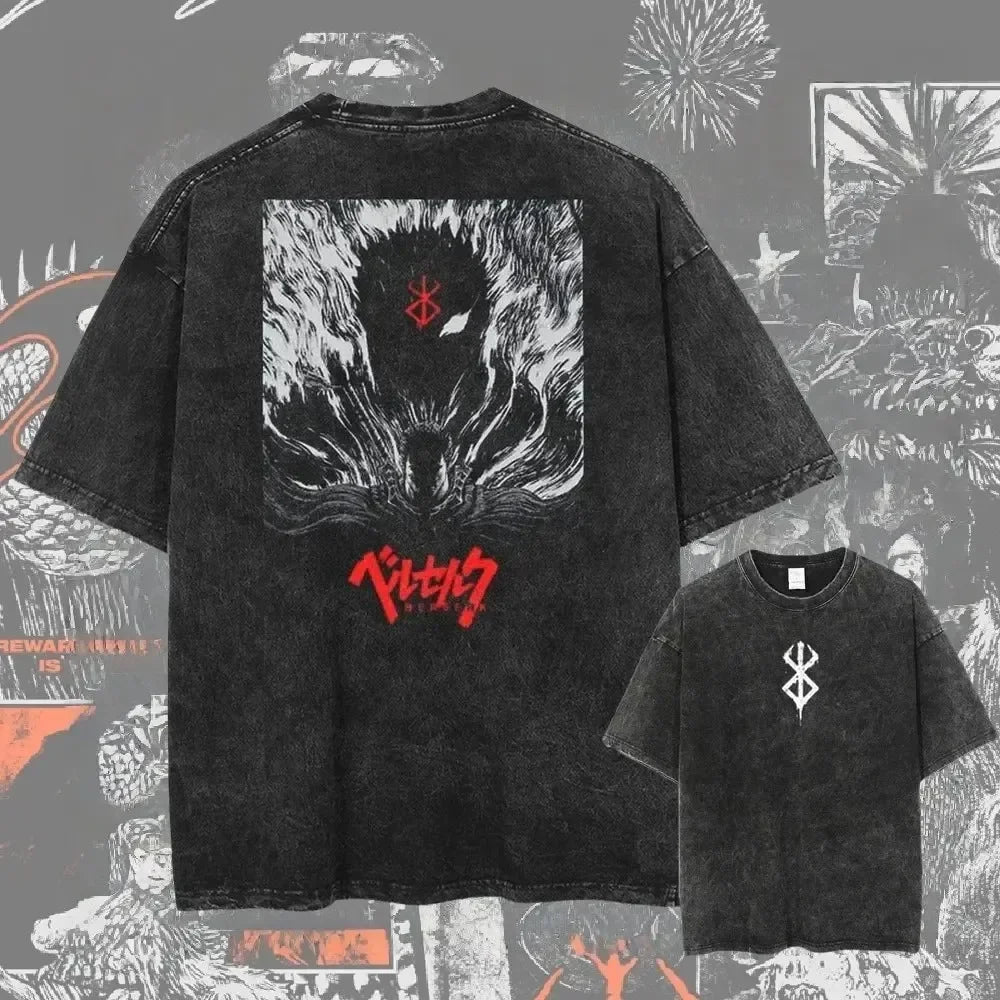 Men's Berserk anime graphic T-shirt from Nova Mart featuring washed, oversized streetwear style with bold anime artwork.