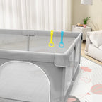 Light gray IMBABY baby playpen by Nova Mart with pull ring and ball box, designed for safe play and easy supervision.