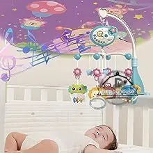 Nova Mart baby crib mobile with lights, music, and projection, featuring colorful hanging toys and remote control functionality.