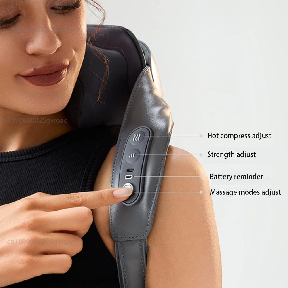 Nova Mart Shiatsu neck and shoulder massager with heat therapy for pain relief, showing the device wrapped around a person's shoulders.
