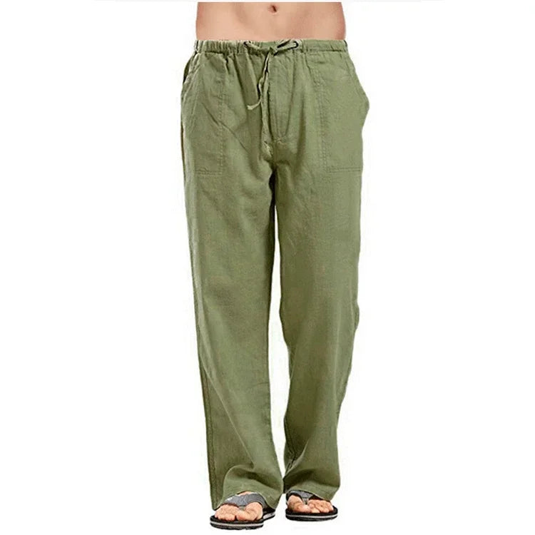 Men's cotton linen summer pants with elastic waist, lightweight trousers by Nova Mart, casual and breathable for warm weather.