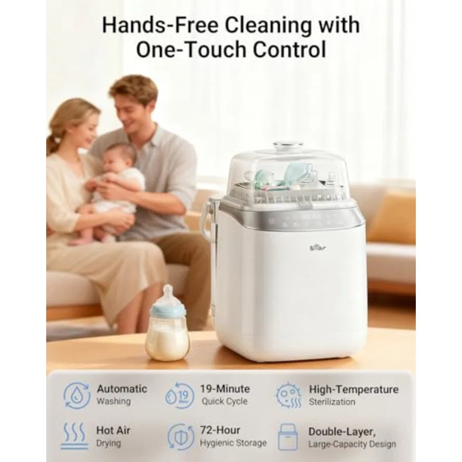Nova Mart Bottle Washer Pro for baby bottles, pump parts, sterilizing, drying, all-in-one baby essentials cleaning machine.