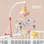 Nova Mart baby crib mobile with lights, music, and projection, showing colorful hanging toys and a remote control in a nursery setting.