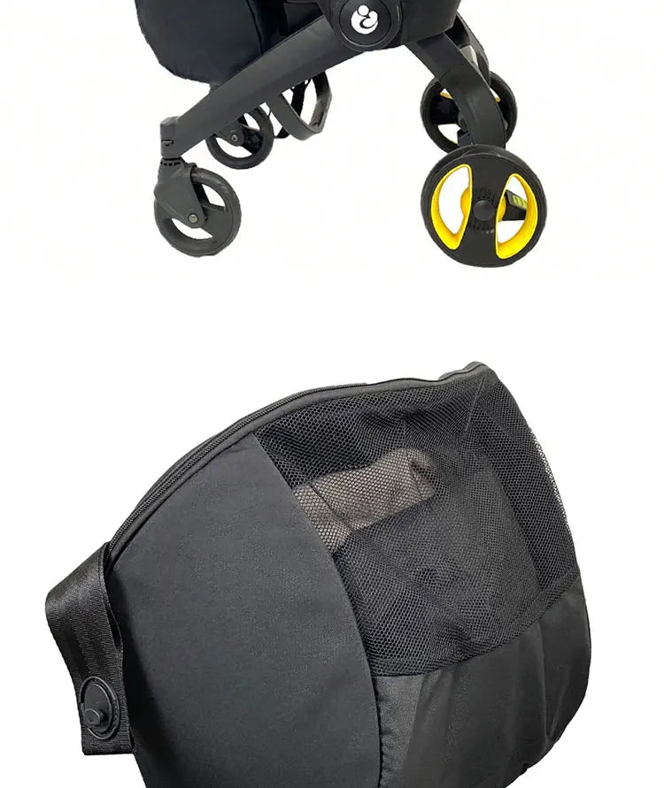 Nova Mart Doona & FooFoo stroller storage bag, 3-in-1 travel knapsack, shown attached to a stroller for convenient storage.