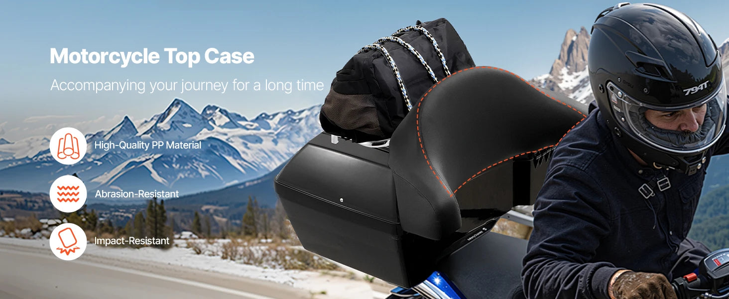 Black 48L Nova Mart motorcycle top case with backrest and lock, mounted on a motorcycle for secure storage.