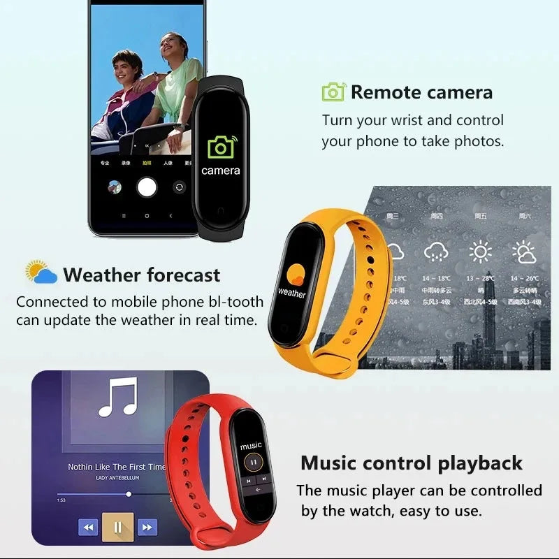 Nova Mart M7 Smart Band with heart rate monitor, fitness tracking, and customizable dials displayed on a sleek smart watch screen.