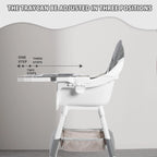 Portable Nova Mart convertible baby high chair with toy rack and double dinner plates, showing the chair's compact design and safety features.