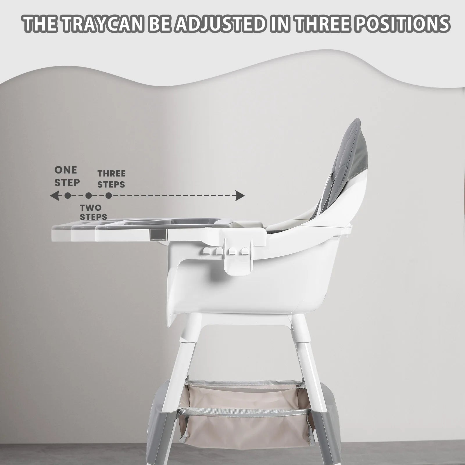 Portable Nova Mart convertible baby high chair with toy rack and double dinner plates, showing the chair's compact design and safety features.