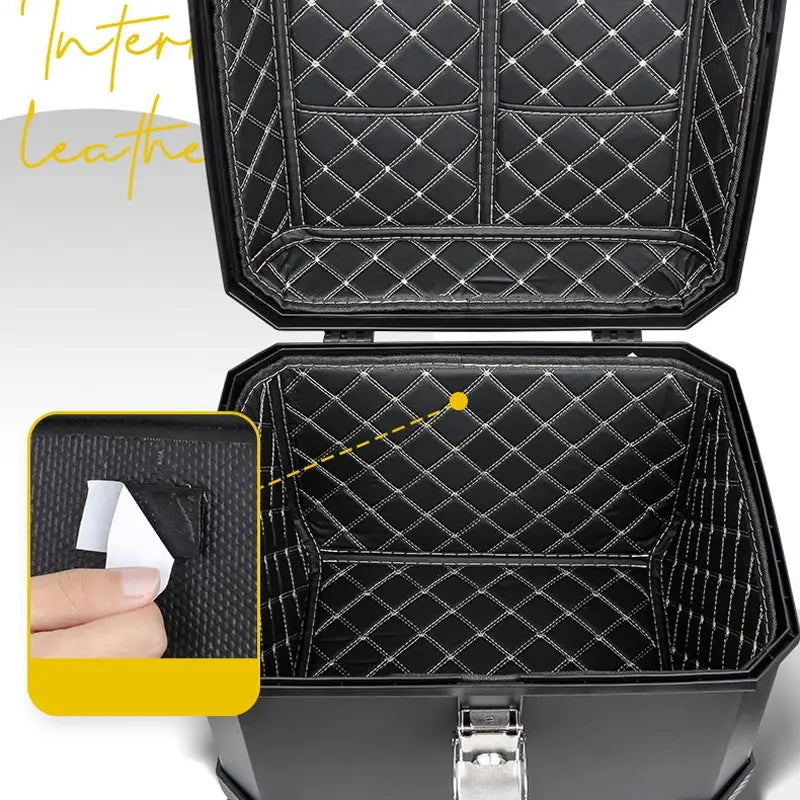 Waterproof Nova Mart motorcycle top case with anti-theft lock, durable motorcycle trunk for secure storage.