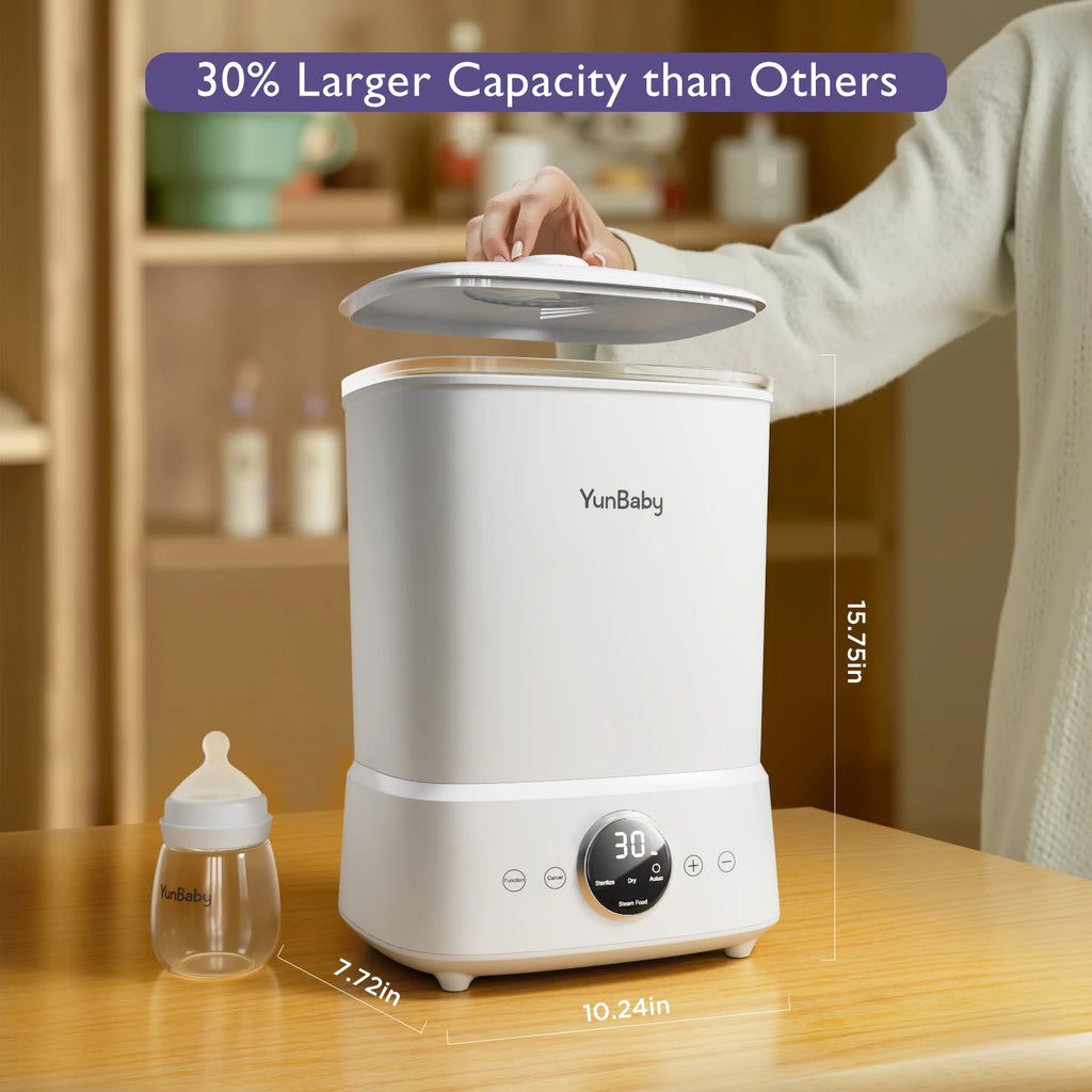 Nova Mart YunBaby baby bottle steamer and dryer with large capacity, one-touch control for bottles, breast pump accessories, and baby items.