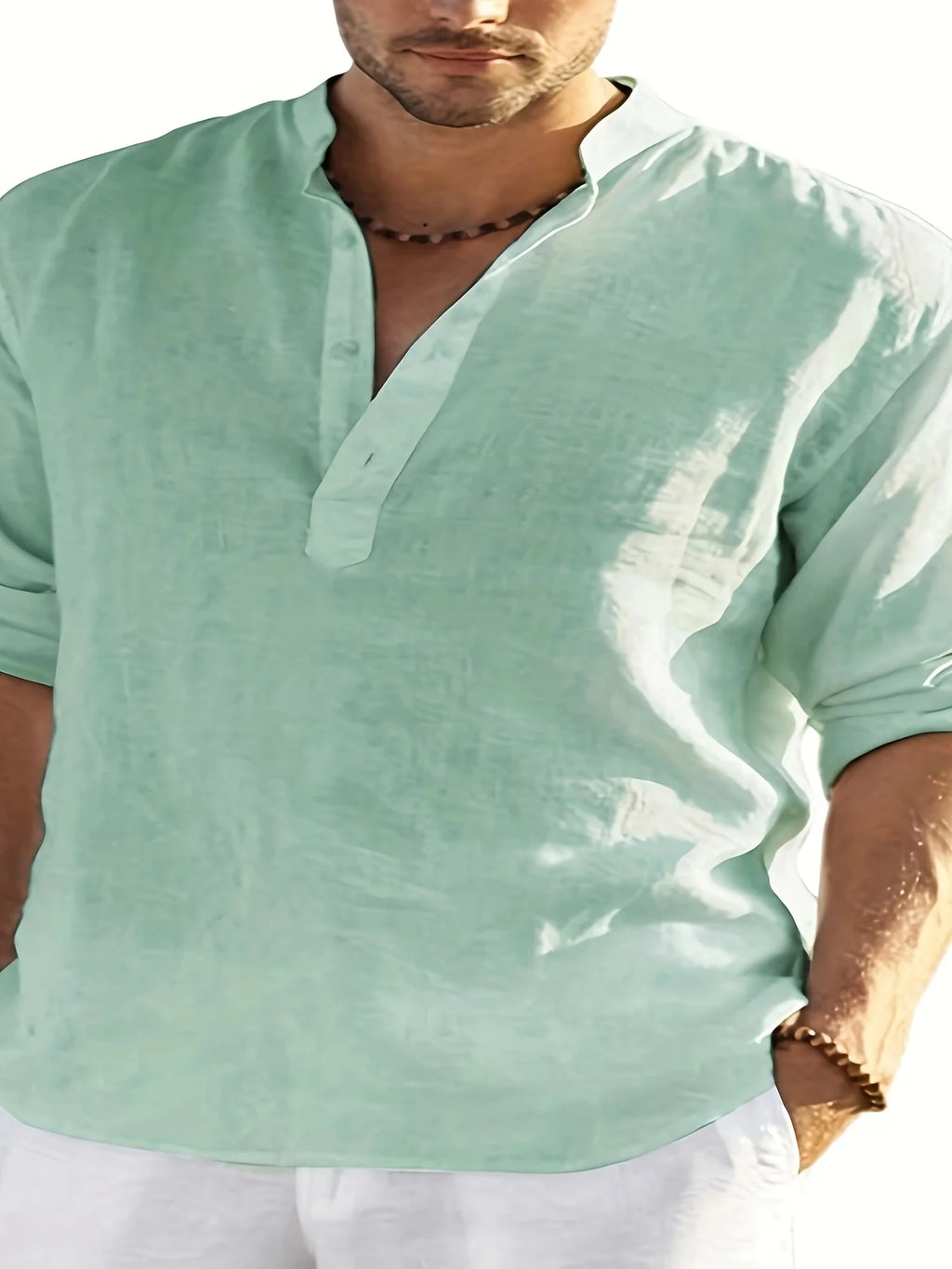 Men's linen stand collar shirt by Nova Mart, loose fit long sleeve casual shirt with breathable fabric and stylish design.