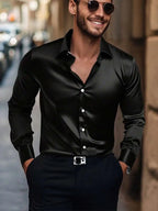 Men's solid satin casual shirt with long sleeves by Nova Mart, shown in a sleek, smooth fabric with a classic collar.