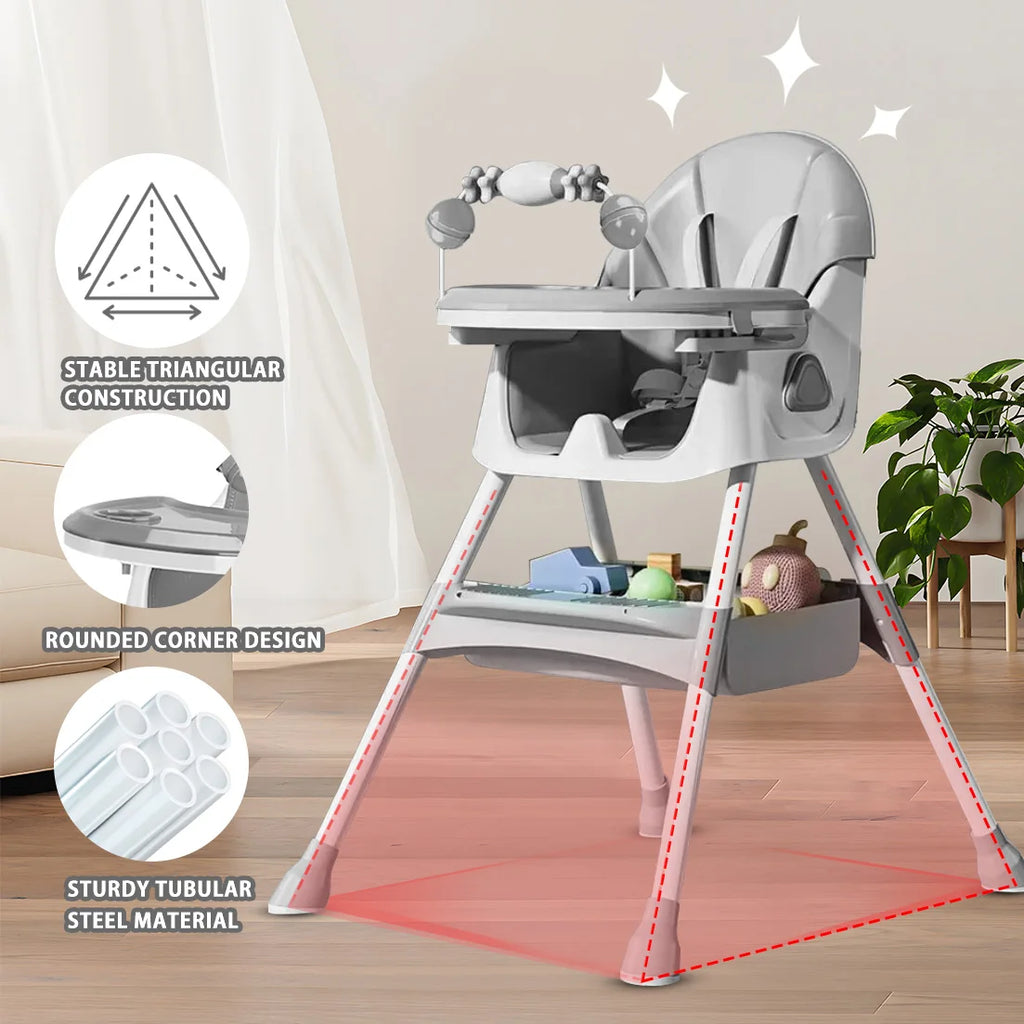 Foldable Nova Mart baby high chair with antislip pad and toy rack, showing a compact, safe baby furniture design.