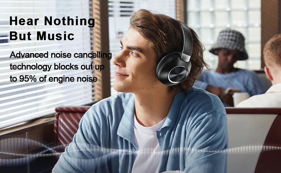 Wireless Bluetooth headset by Nova Mart with ANC, stereo sound, and 60-hour playback, designed for sports and gaming.