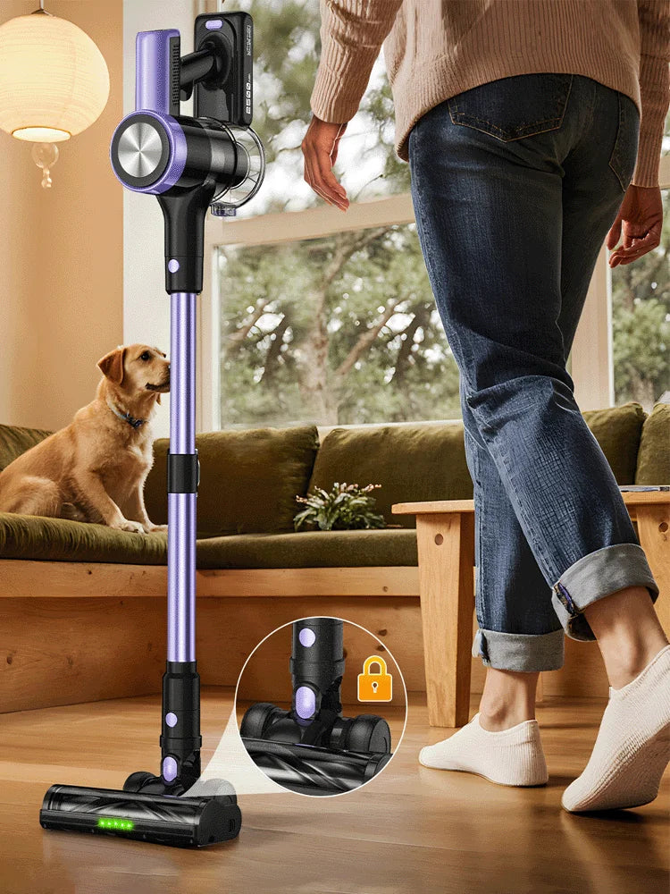 Nova Mart cordless vacuum cleaner with 500W power, 55Kpa suction, self-standing design, and smart LED screen display.
