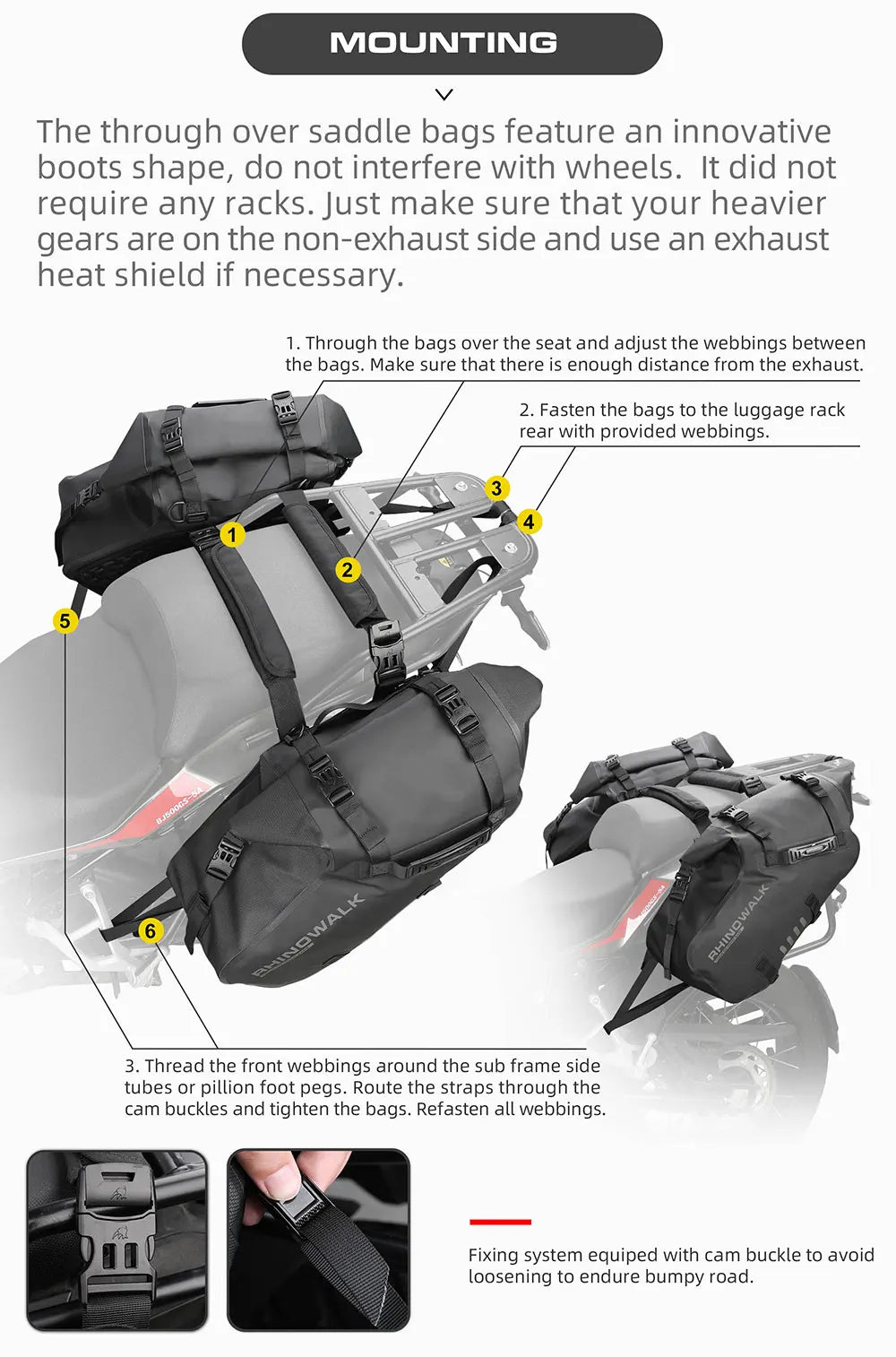 Rhinowalk waterproof motorcycle pannier saddle bags by Nova Mart with secure straps and durable design for motorcycle accessories.