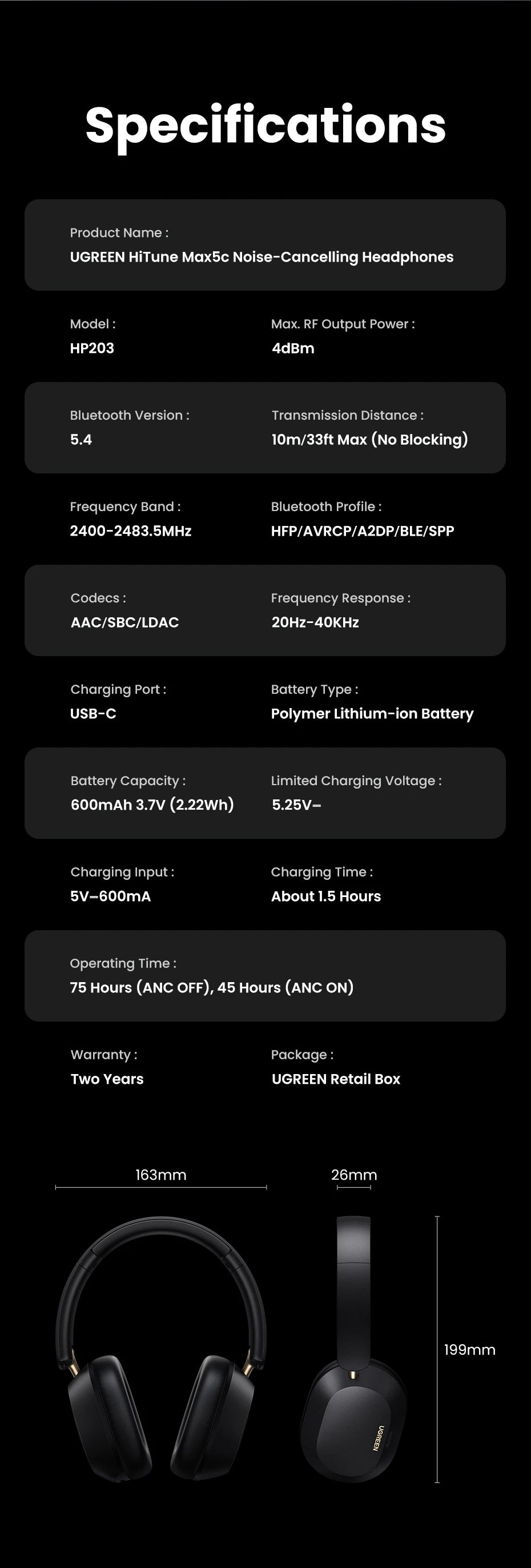 UGREEN Max5c ANC headphones with LDAC Hi-Res audio, over-ear design, and 75-hour battery life, shown in black with ear cushions