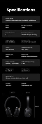 UGREEN Max5c ANC headphones with LDAC Hi-Res audio, over-ear design, and 75-hour battery life, shown in black with ear cushions