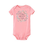 Baby boy short sleeve birthday bodysuit by Nova Mart featuring a cheerful "Happy Birthday Daddy" print, perfect for summer rompers.