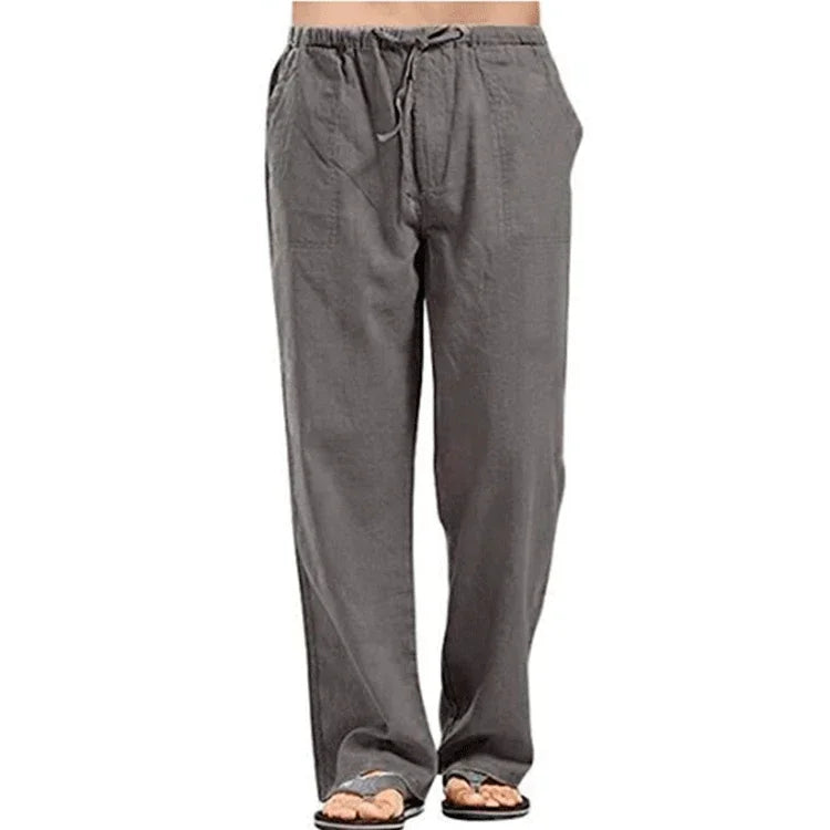 Men's cotton linen summer pants with elastic waist from Nova Mart, lightweight and breathable trousers for warm weather.