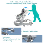Foldable baby activity walker with feeding tray and music tray, made by Nova Mart, showing the walker with trays and colorful design.