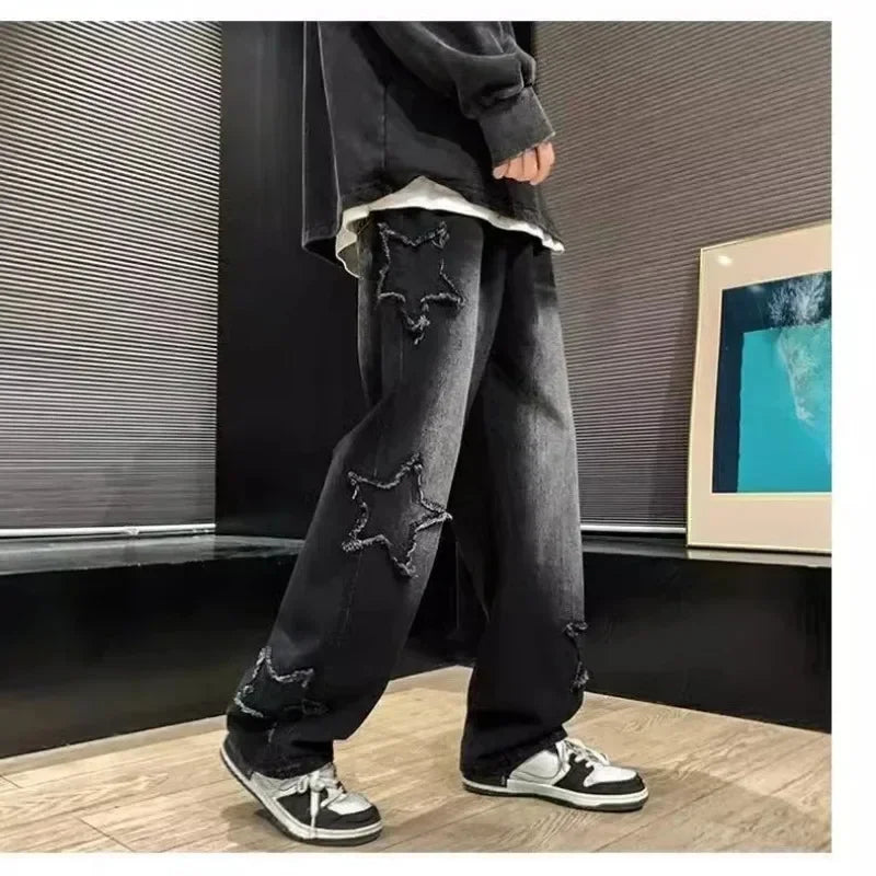Men's Y2K Stars embroidery brown straight-leg denim jeans by Nova Mart, featuring hip-hop style and star embroidery detail.