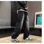 Men's Y2K Stars embroidery brown straight-leg denim jeans by Nova Mart, featuring hip-hop style and star embroidery detail.