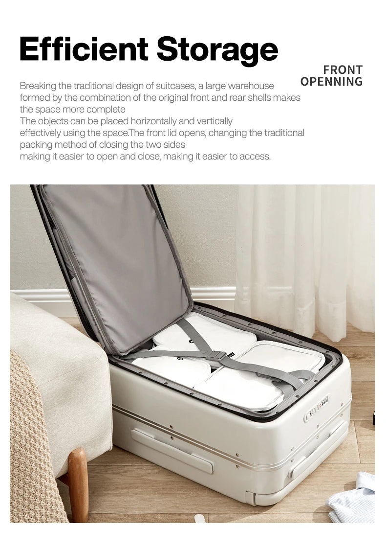 Nova Mart Mixi PC aluminum frame trolley case with laptop pocket, lightweight luggage with sturdy handle and secure zipper.
