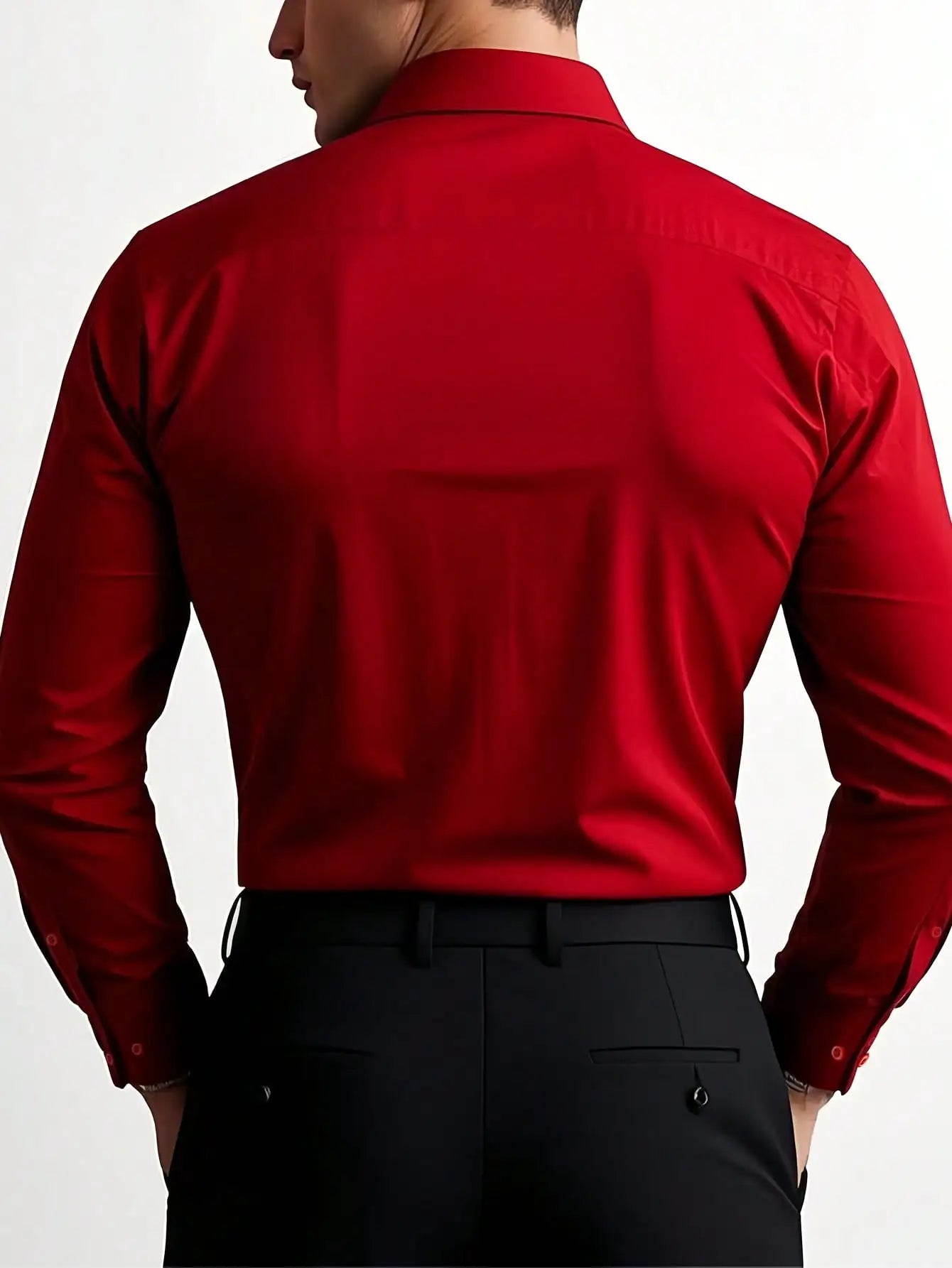 Men's red formal dress shirt with long sleeves by Nova Mart, shown laid flat with collar and button details.