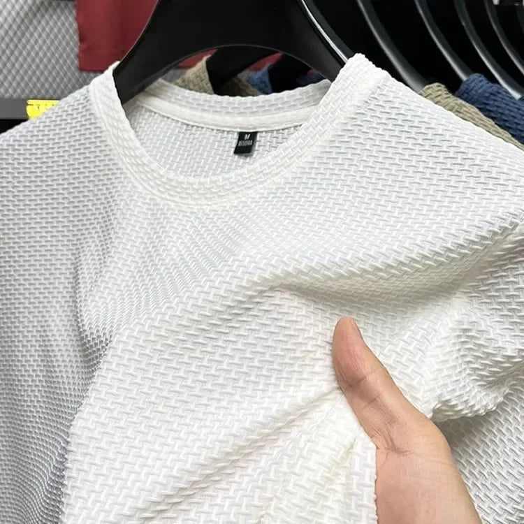 Men's slim fit bamboo ice silk mesh T-shirt by Nova Mart, shown in lightweight, breathable fabric with a modern design.