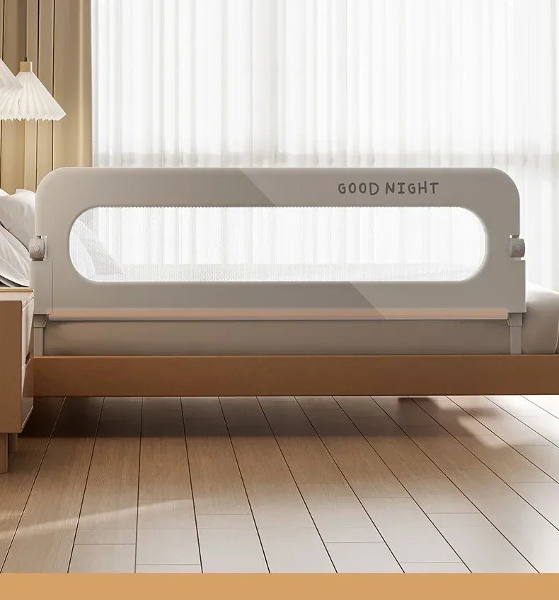 Nova Mart IMBABY baby bed rail guard, adjustable safety barrier with anti-fall protection for toddler beds, in a neutral color.