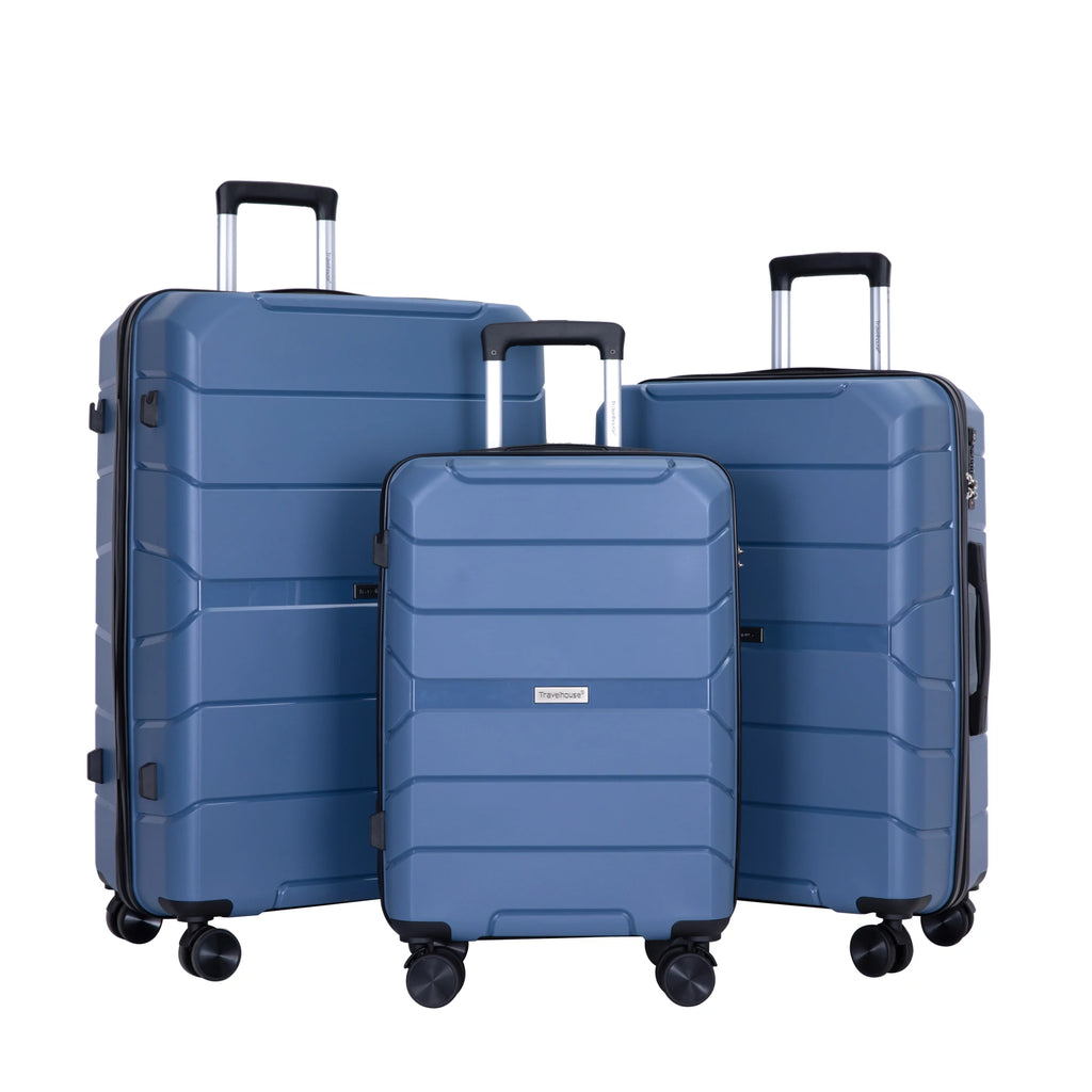 Travelhouse 3-piece hard-shell luggage set by Nova Mart with TSA locks, featuring durable PP material and modern design.