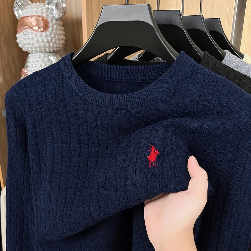 Men's knitted sweater with pony embroidery and round neck, Nova Mart men's fashion pullover, stylish and comfortable.