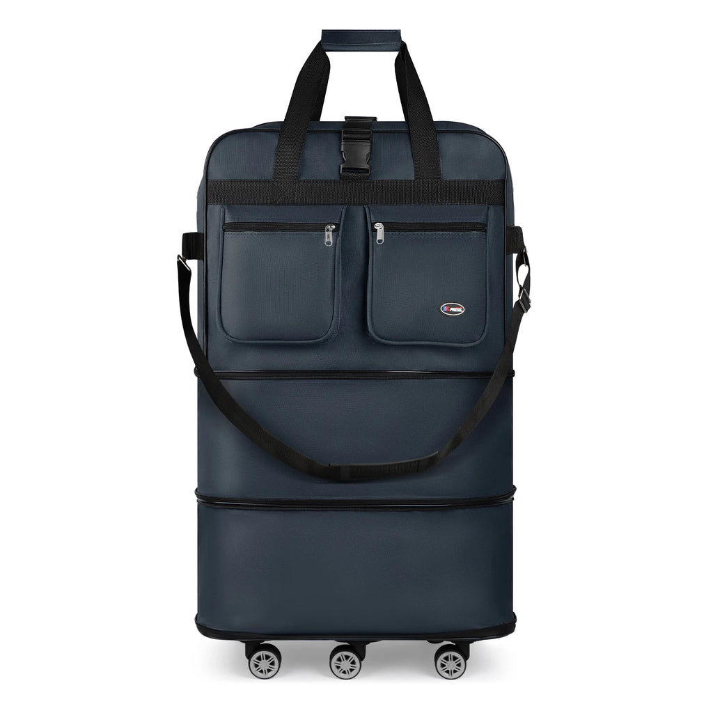 Foldable expandable Nova Mart rolling luggage bag in 30, 36, or 40 inches, shown in black with wheels and handle extended.
