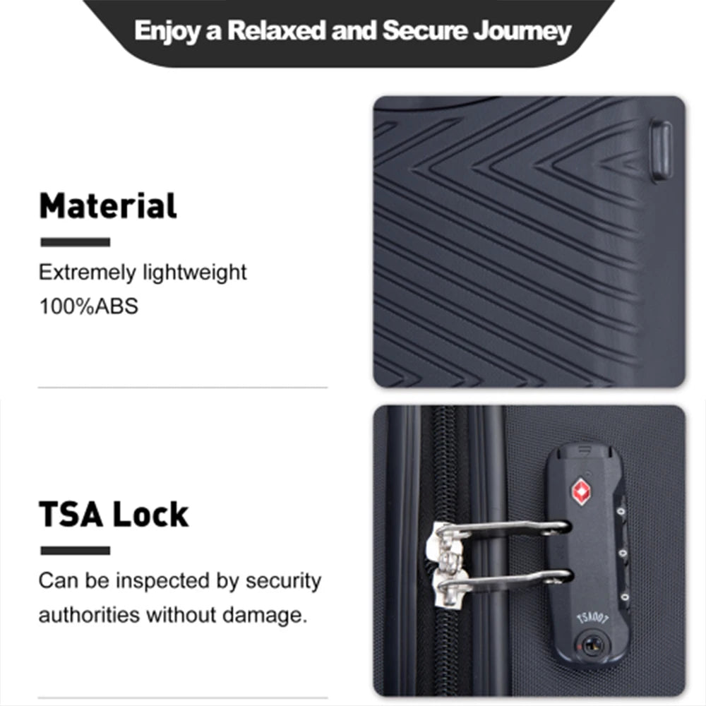 Travelhouse 4-piece ABS luggage set with TSA locks, durable suitcases in black for travel convenience by Nova Mart.
