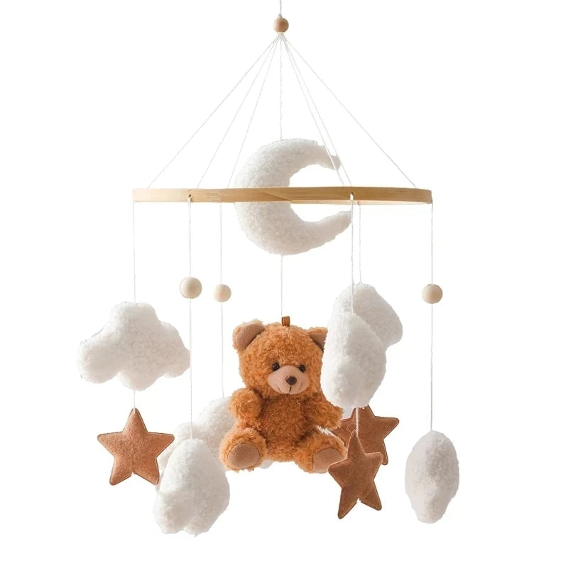 Wooden baby crib rattle toy with crochet bed bell bracket for infants 0-12 months, by Nova Mart, shown hanging in a crib.