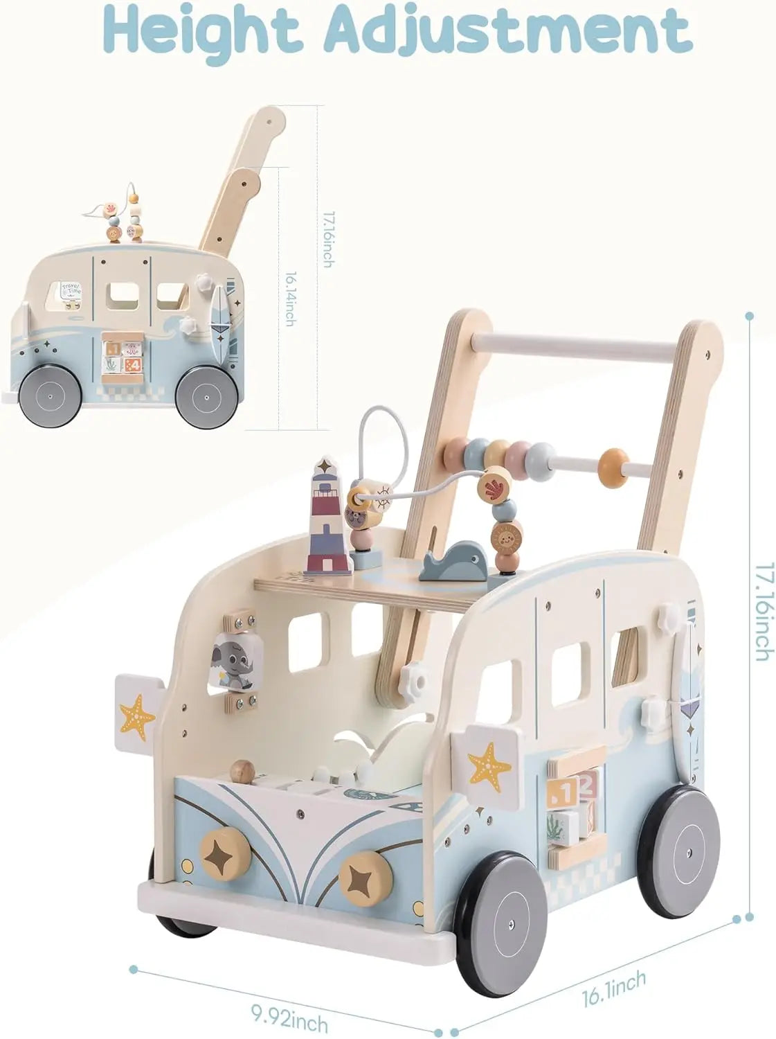 Wooden baby walker with wheels by Nova Mart, suitable for boys and girls, featuring a classic design for early walking practice.