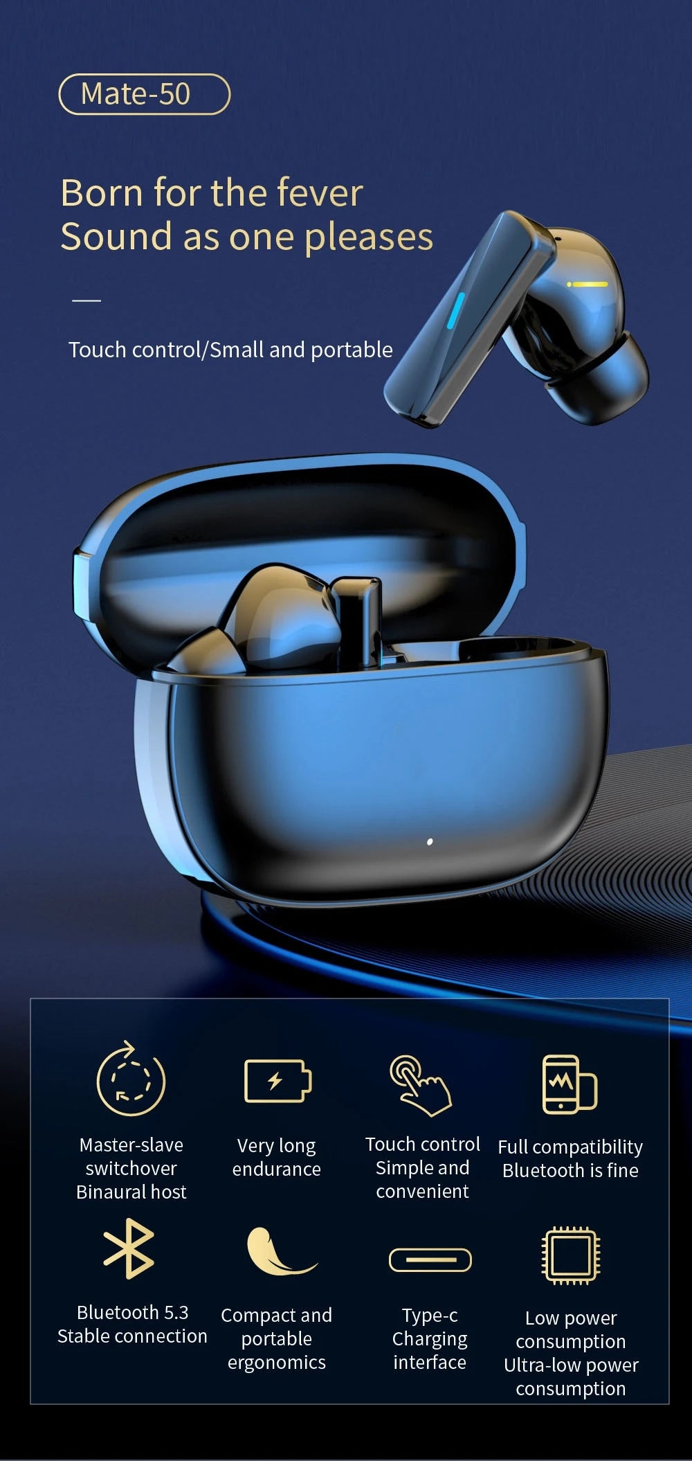 Nova Mart TWS ANC earbuds with HiFi stereo sound, touch control, and 30-hour battery life, shown in a sleek black charging case.