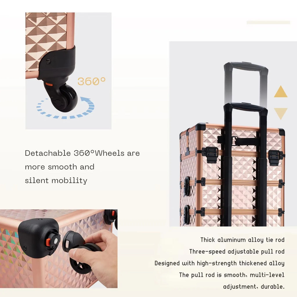 Maxulene 4-in-1 detachable makeup trolley case with wheels, black storage case for cosmetics and beauty tools by Nova Mart