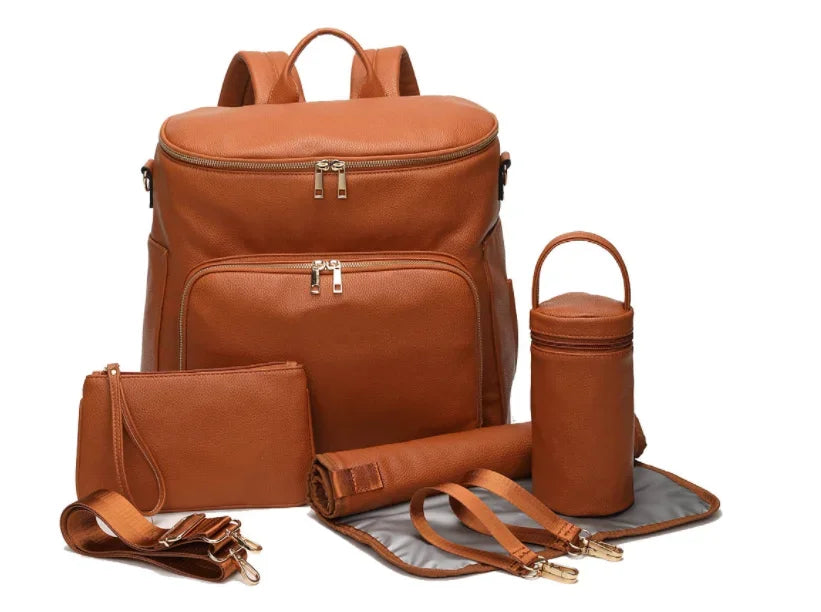 Nova Mart PU leather diaper bag with changing pad and insulated pockets, stylish mommy backpack for baby essentials.