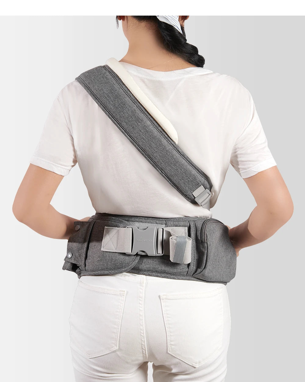 Adjustable Sunveno baby carrier by Nova Mart, one-shoulder design with padded straps for comfortable baby carrying.