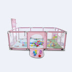 Baby playpen by Nova Mart with steel pipes and ball box, featuring a colorful, safe play area for infants and toddlers.