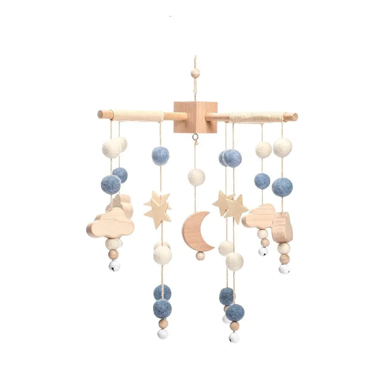 Wooden crochet star baby crib mobile with bed bell rattle toy, featuring soft crochet stars and a gentle rattle for infants.