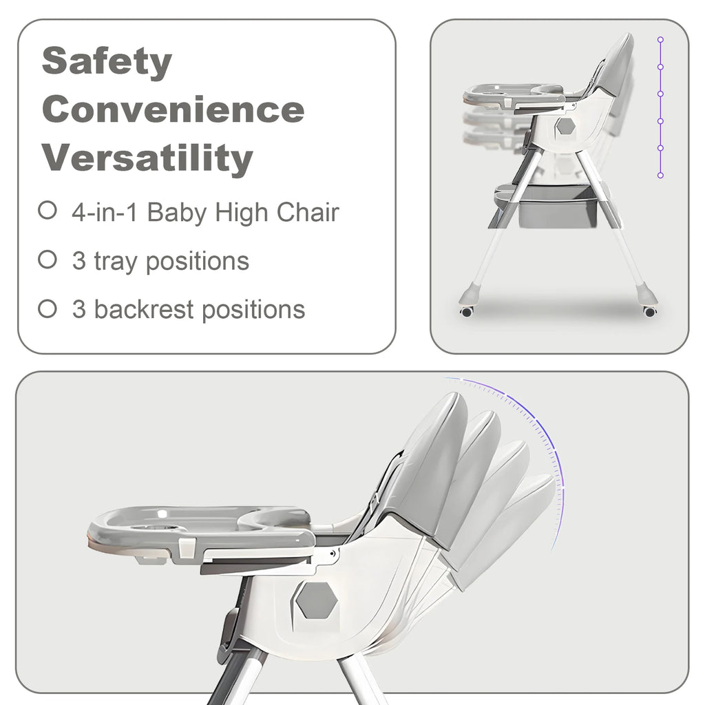 Foldable Nova Mart baby high chair with 7 adjustable heights, toy rack, and safety tray, designed for versatile baby feeding and seating.