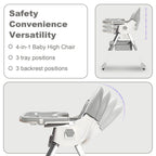 Foldable Nova Mart baby high chair with 7 adjustable heights, toy rack, and safety tray, designed for versatile baby feeding and seating.