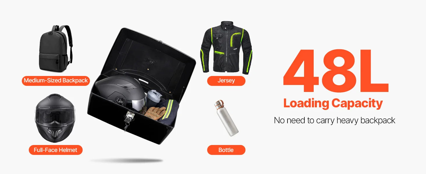 Nova Mart SucceBuy 48L motorcycle top case with backrest and lock, mounted on motorcycle for secure storage.