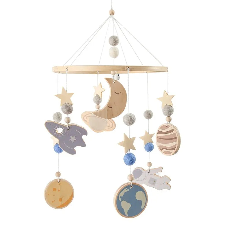 Wooden crochet stars baby crib mobile with bed bell rattle toy, Nova Mart baby toy for gentle entertainment and decoration.