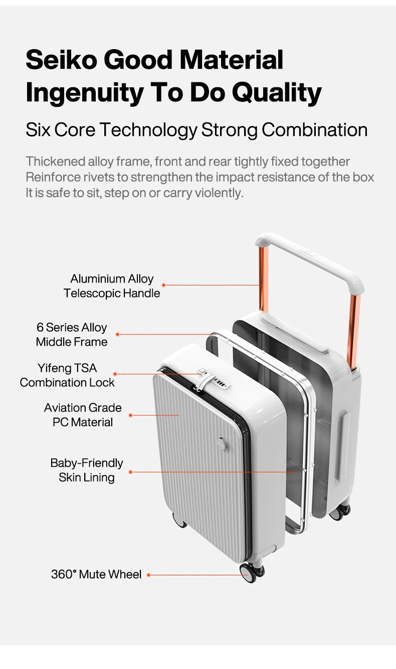 Nova Mart Mixi PC aluminum frame trolley case with laptop pocket, featuring sturdy luggage design and smooth rolling wheels.