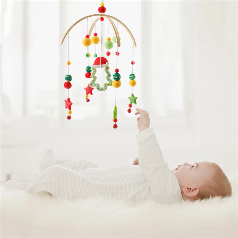 Wooden baby crib mobile with animal felt dolls and music, Nova Mart baby toy featuring charming hanging figures and a gentle melody.
