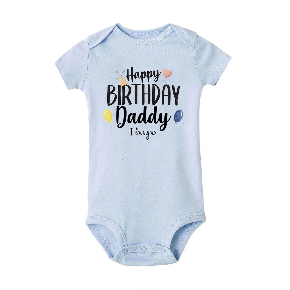 Baby boy's short sleeve birthday romper by Nova Mart with "Happy Birthday Daddy" print, perfect for summer celebrations.